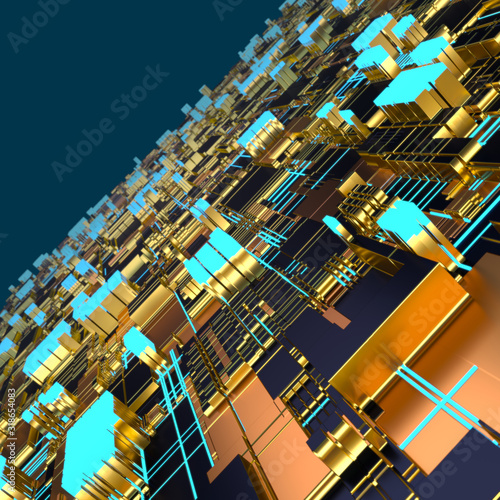 Circuit board futuristic server code processing. Angled view multicolor technology black background. 3d