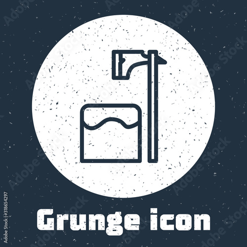 Grunge line Executioner axe in tree block icon isolated on grey background. Hangman, torturer, executor, tormentor, butcher, headsman. Monochrome vintage drawing. Vector Illustration