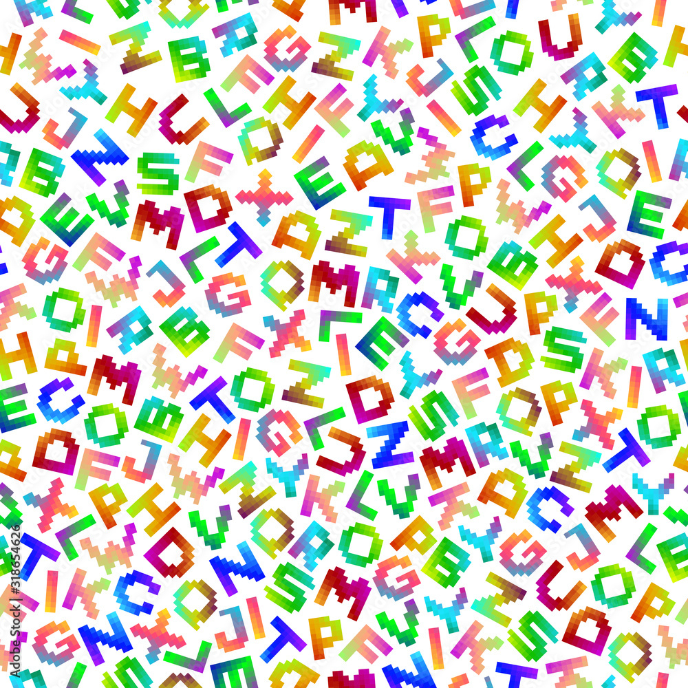 Colorful seamless vector alphabet pattern with pixel latin letters. Vibrant repeatable background. Bright unusual design