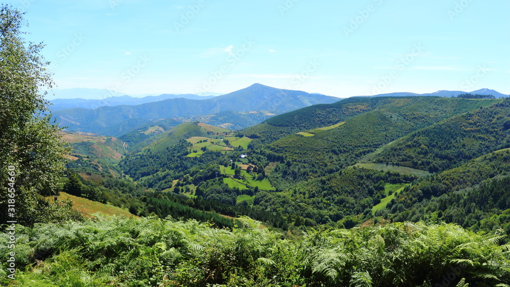 Obraz premium View of a landscape of mountains and trees in a green valley of Spain
