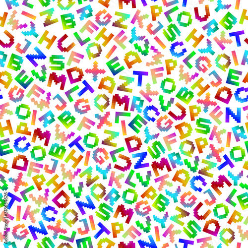 Colorful seamless vector alphabet pattern with pixel latin letters. Vibrant repeatable background. Bright unusual design