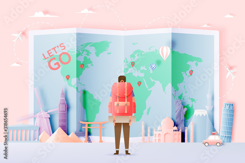 Backpacker with various travel attractions