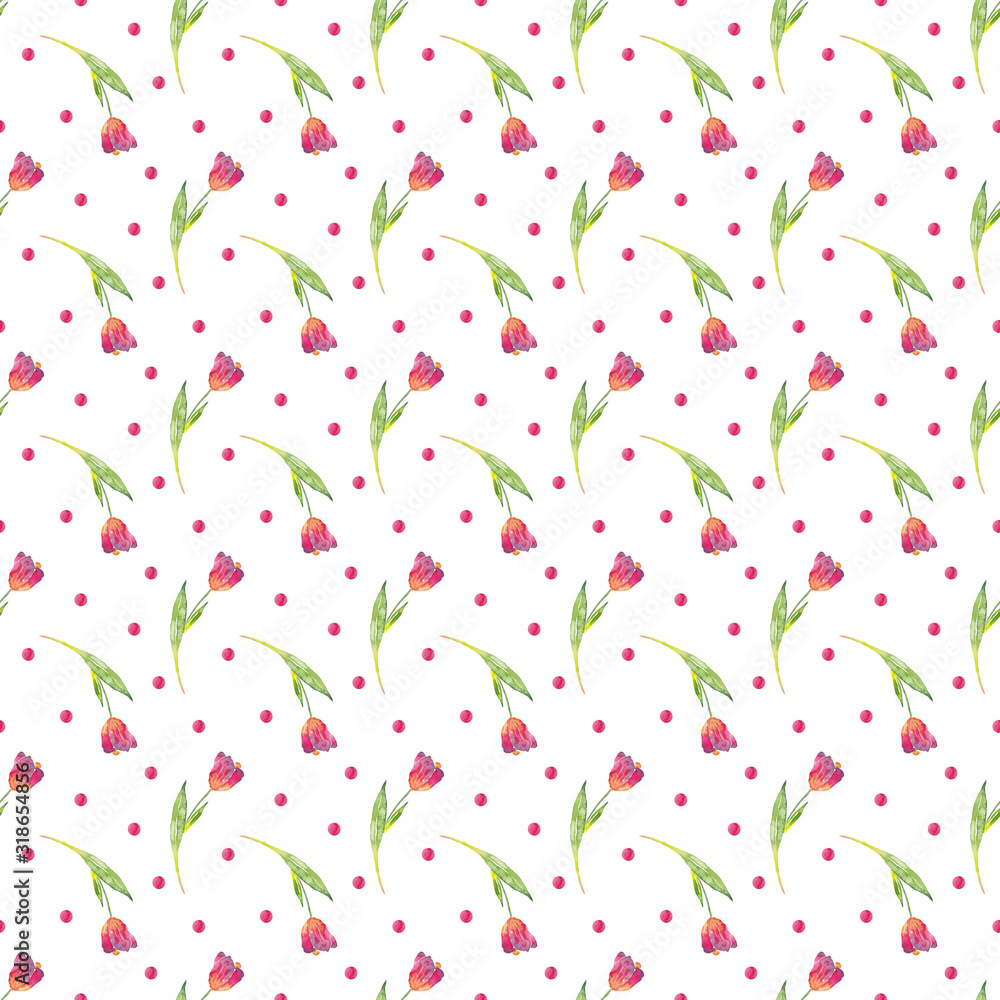 Seamless pattern of spring watercolor tulips on a white background. Use for wedding invitations, birthdays, menus and decorations