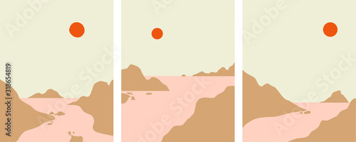 Minimalist landscape design, flat scenery postcard,nordic scandinavian design,poster set mountains lake sunset earthy tones  color palette