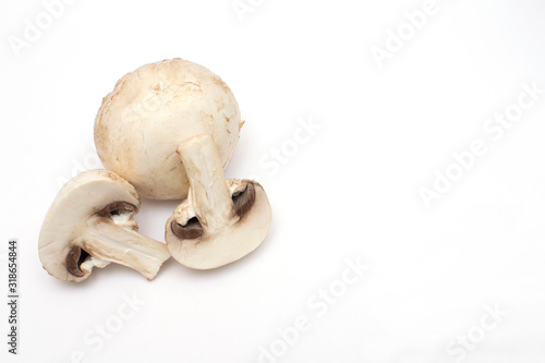 fresh champignons on a white background, there is a place for copy