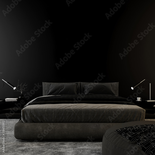 Metal decor next to bed in dark unicolor bedroom interior with mockup of poster. 3d render