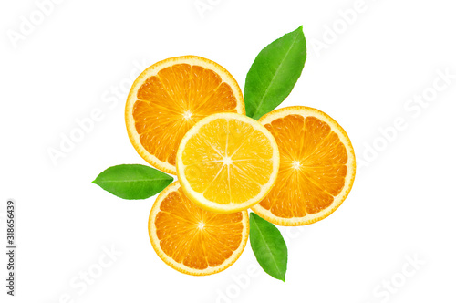 Three orange and one lemon fresh fruit slices with green leaves isolated on the white background