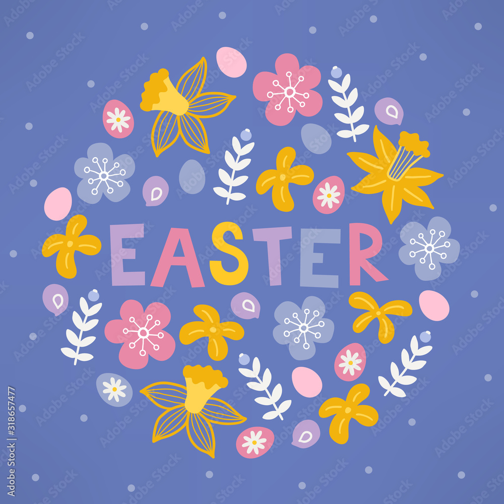 Easter greeting card with blooming flowers, narcissus, berries, eggs, leaves
