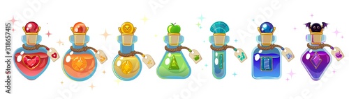 Magic bottles set. Red bootle with heart, orange bottle with gem, golden bottle with coin, green bottle with apple, blue bottle with shell, purple one with bat. Objects isolated on white background