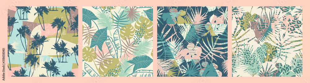Seamless exotic patterns with tropical plants and artistic background. - obrazy, fototapety, plakaty 