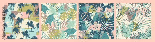 Seamless exotic patterns with tropical plants and artistic background.