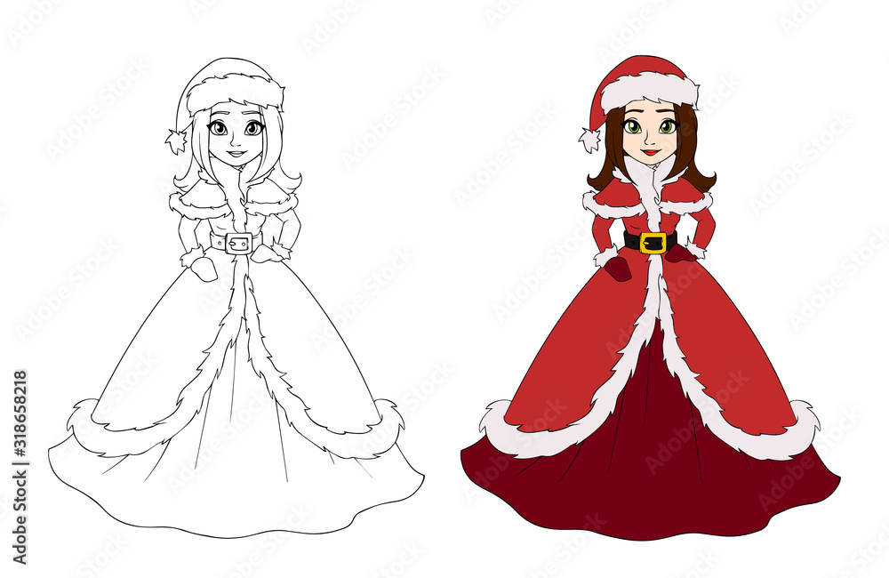 Cute winter princess wearing Santa Claus dress. Outline drawing. Hand drawn vector illustration. Can be used for coloring pages, games, Christmas cards etc. Cute winter princess wearing Santa Claus dress. Outline drawing. Hand drawn vector illustration. Can be used for coloring pages, games, Christmas cards etc.