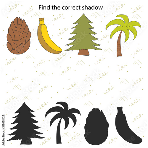 Logical puzzle game for children and adults. Find the correct shadow для шишки, елки, пальмы, банана. Developing kids attentiveness and spatial, mathematical thinking skills. IQ training test.