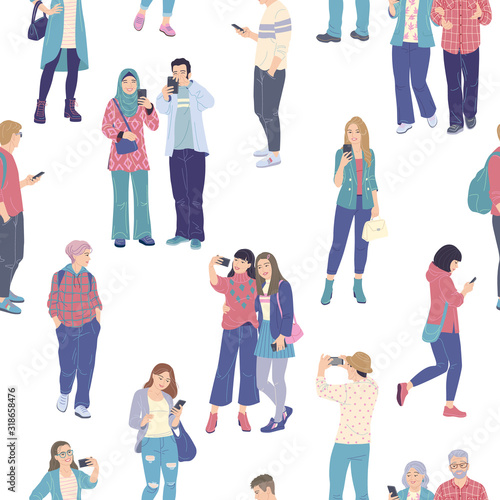 Crowd of People Using Smartphones Seamless Pattern