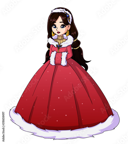 Vector illustration of cute winter princess wearing long red dress. Hand drawn girl with black hair. Can be used for games, children book, christmas cards etc.