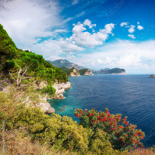 Shoreline and Adriatic sea scenic landscape on the coast path to Petrovac photo