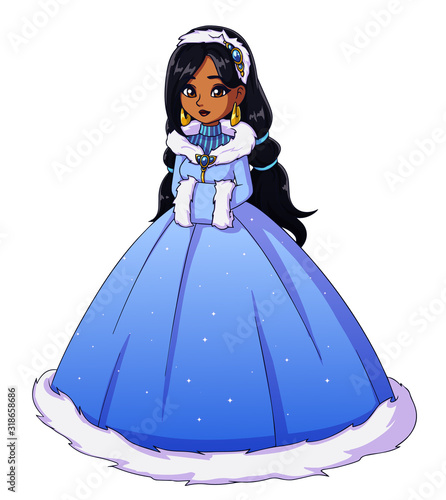 Vector illustration of cute winter princess wearing long blue dress.