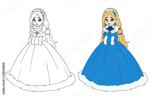 Little princess girl in winter dress, isolated on white background.