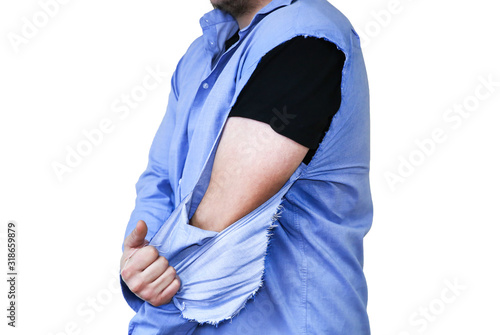 Ripped shirt. Man in old clothes which need repairing and sewing. No sleeve. Isolated on white background.