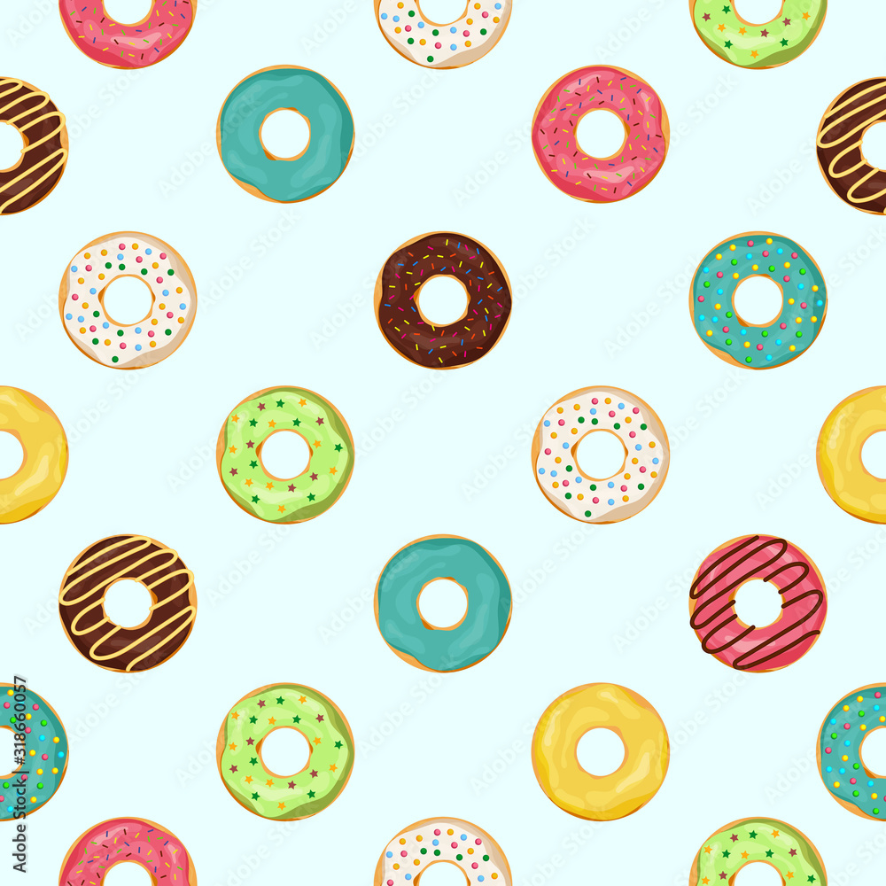 Donut seamless pattern. Sweet summer seamless with cupcake and glazing. Cute donuts. Food dessert or snack for print backdrop. Chocolate cake pattern for texture wallpaper. vector illustration Donut seamless pattern. Sweet summer seamless with cupcake and glazing. Cute donuts. Food dessert or snack for print backdrop. Chocolate cake pattern for texture wallpaper. vector illustration