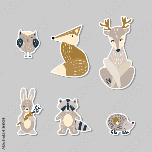 Set of cute cartoon woodland animals in scandinavian style on stickers. Flat vector illustartion.