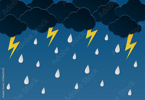 Rain and thunder paper cut background. Rainy weather of spring or autumn season origami banner. Cloud with drop, lightning. Monsoon season in craft style illustration. Sky with thunderstorm. vector