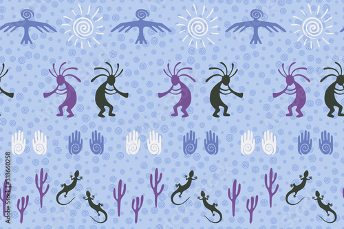 Folk, design with gecko, Kokopelli fertility god, sun, bird, cacti.