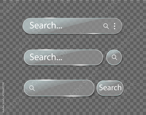 Search bar glass box. Glossy search arrow for ui, web form, computer on transparent background. Search address field and navigation button for website. Panel form for text in internet page. vector.