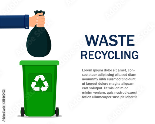 Man throws bag in garbage. Hand holding bag over dustbin container. Waste recycling concept in flat style. Recycle trash on isolated background. Hand trows food in organic container. Design vector