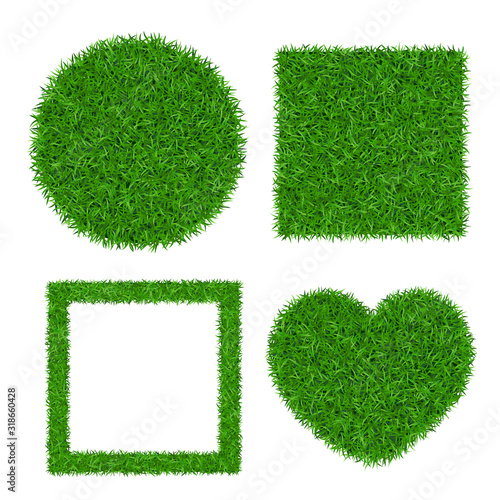 Green grass background 3D set isolated. Lawn greenery nature ball, heart. Abstract soccer field texture circle, square. Ground landscape pattern. Grassy beautiful grow meadow. Vector illustration