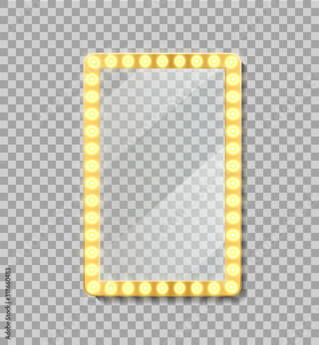 Makeup mirror frame or neon billboard with reflection. Empty signage frame with bulbs for interior room, comic frame. Gold frame with lamp in retro style. Glowing golden signboard. Isolated vector
