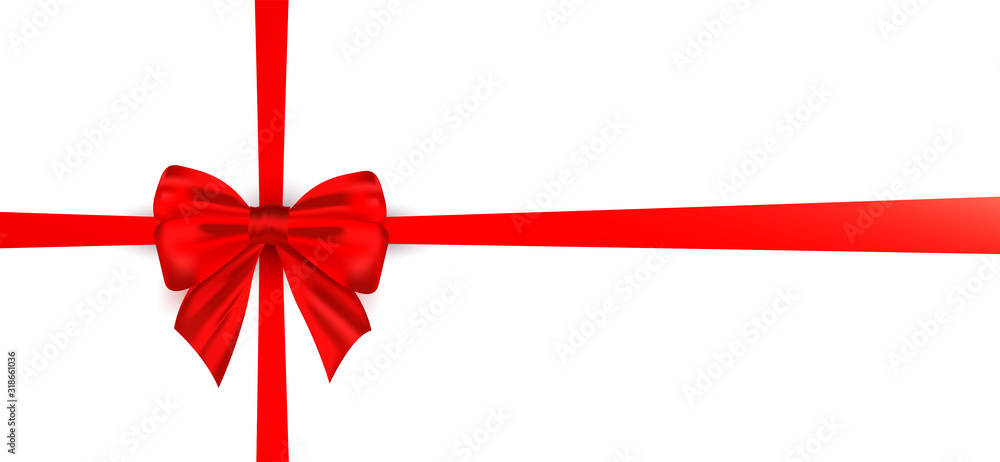 Red realistic silk bow with ribbon vector template isolated on white background. Christmas, birthday, mothers day or fathers day decoration Red realistic silk bow with ribbon vector template isolated on white background. Christmas, birthday, mothers day or fathers day decoration