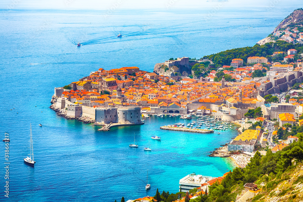 Aerial panoramic view of the old town of Dubrovnik  on a sunny day