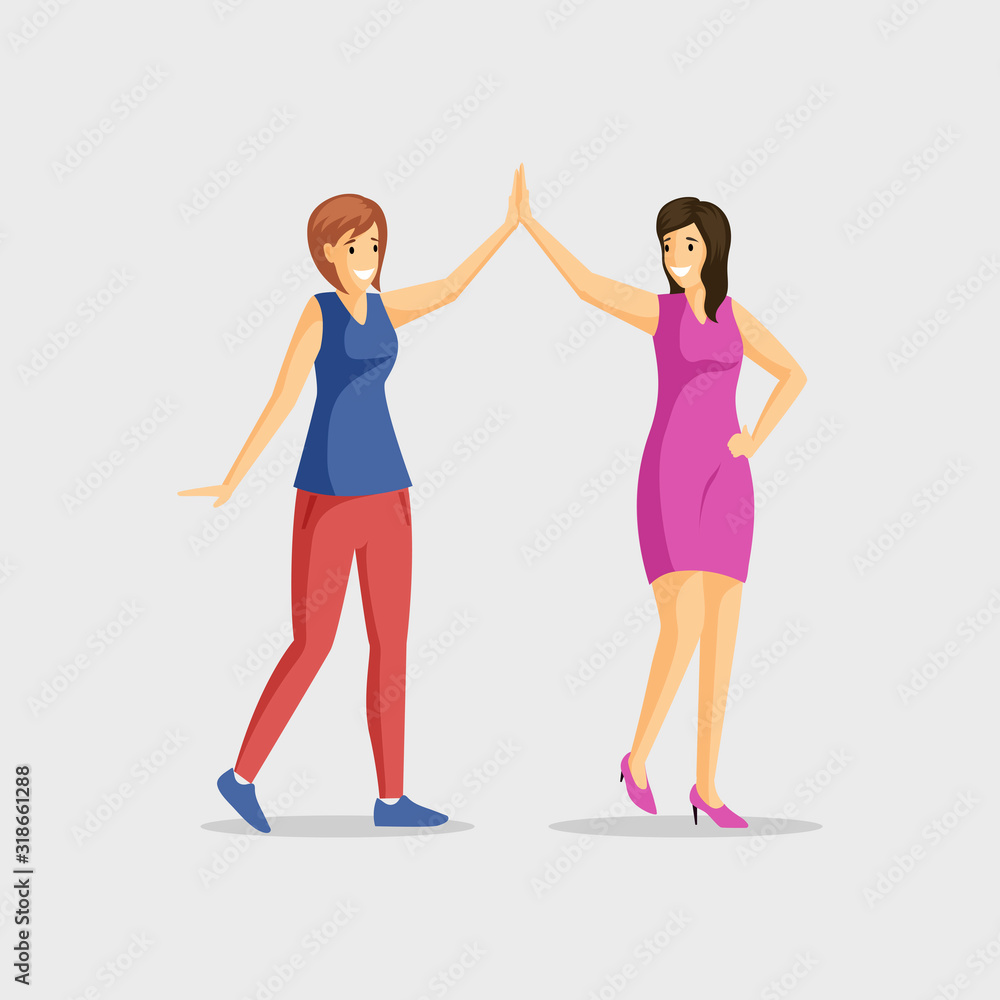 Naklejka premium Smiling young girls giving high five flat vector illustration. Pair dance, women friendship, cheerful leisure together. Female friends greeting cartoon characters isolated on white background