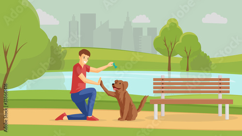 Boy playing with puppy outside flat vector illustration. Guy and four-legged friend walking outdoor together. Friendship, positive emotions, young man training pet in park cartoon character