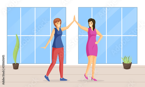 Smiling women giving high five flat vector illustration. Pair dance, entertainment, leisure together, positive emotions. Female friends holding hands, happy girls cartoon characters