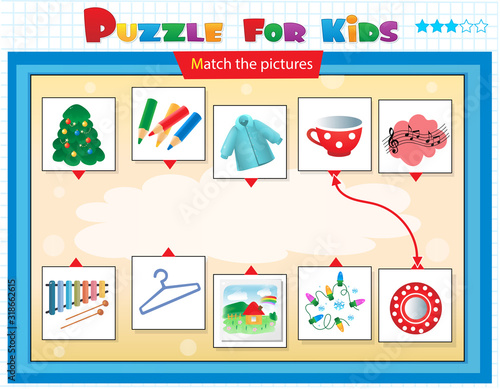 Matching game, education game for children. Puzzle for kids. Match the right object.