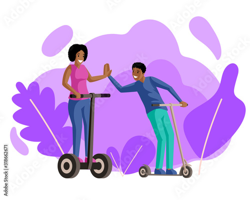 Boy and girl riding scooters flat vector illustration. Friends, couple in love, smiling young people on electric and kick scooters cartoon characters. Walk, recreation, active rest together