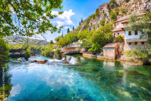 Dervish monastery or tekke at the Buna River spring in the town of Blagaj photo
