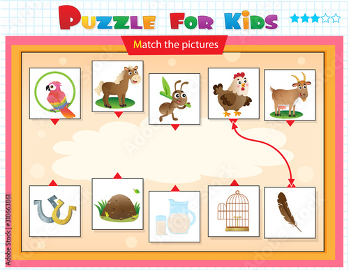 Matching game, education game for children. Puzzle for kids. Match the right object. Set of cartoon animals. © oleon17