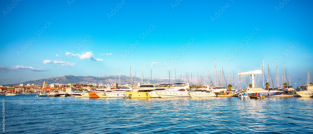 Panoramic view of colorful boats in harbor of Split