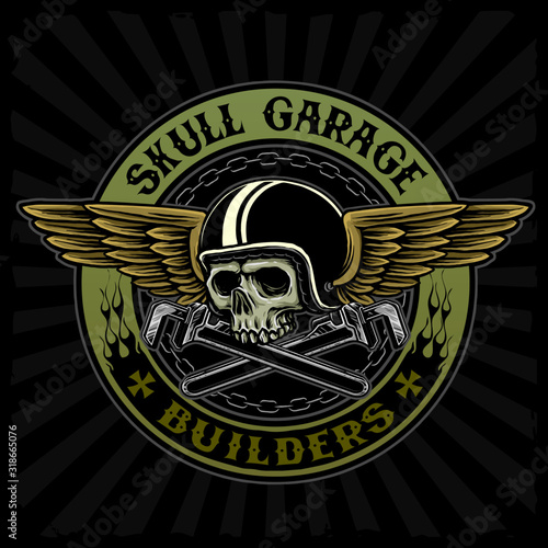 flying skull with wrench suitable for motorcycle club or garage service logo design