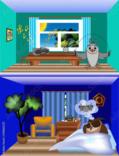 Neighbors owl and lark, different times of sleep and wakefulness, owl sleeps, lark does exercises, vector clip art