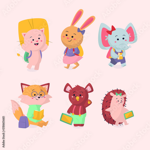 cute animals cartoon ready to study. flat design illustration