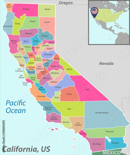Map of state California, USA
