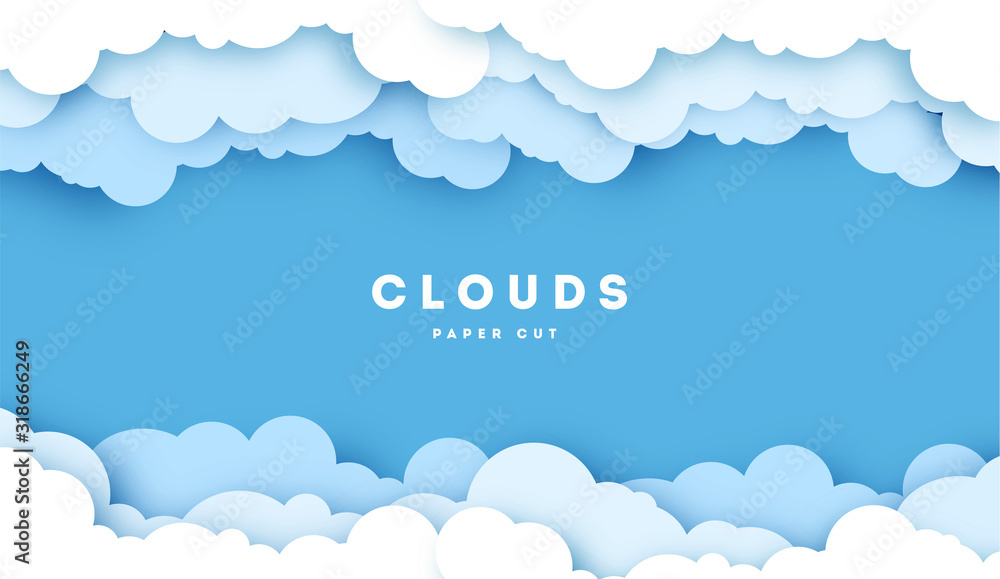 Naklejka Biała chmura na niebieskim niebie cięcia papieru projekt. Ilustracja wektorowa sztuki papieru. Styl cięcia papieru. Miejsce na tekst.