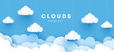 Vector paper clouds.White Cloud on blue sky paper cut design. Vector paper art illustration. Paper cut style. Place for text.