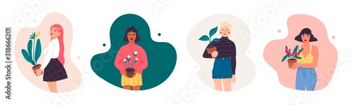 Set of four Girls in trendy clothes holding a potted plants. Florist ladies. Modern fashion look. Hand drawn vector trendy illustration. Flat design. Cartoon style. Isolated on a white background