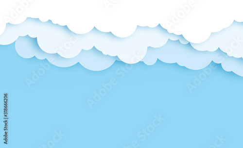 Border of white paper cut clouds on blue background for design. Paper cut, paper craft art style,vector illustration