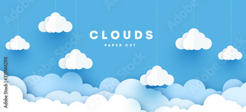 Vector paper clouds.White Cloud on blue sky paper cut design. Vector paper art illustration. Paper cut style. Place for text. photo